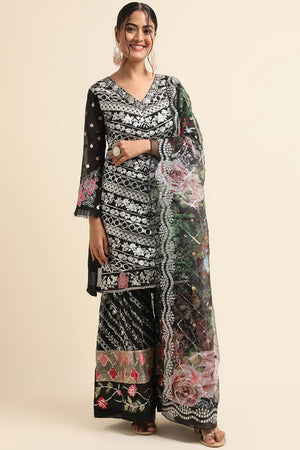 Black Faux Georgette Sharara Sharara Suit Set