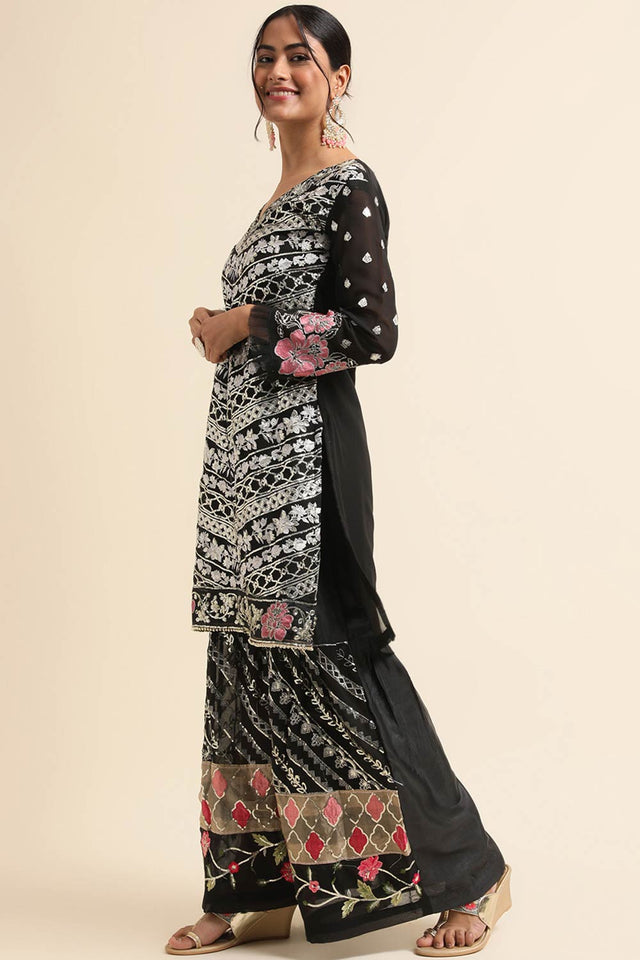 Black Faux Georgette Sharara Sharara Suit Set