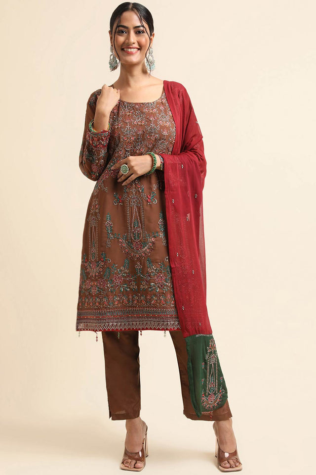 Brown Faux Georgette Pakistani Suit