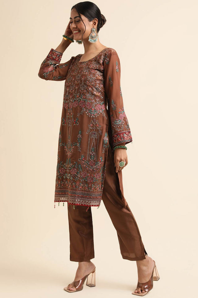 Brown Faux Georgette Pakistani Suit