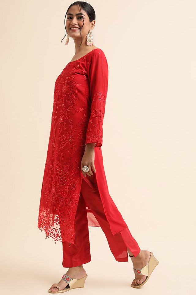 Red Faux Georgette Pakistani Suit