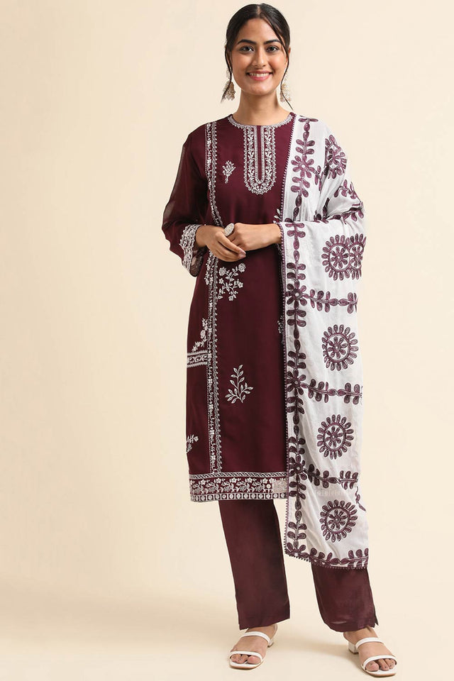 Wine Faux Georgette Pakistani Suit