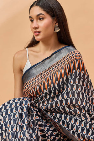 Blue Silk Blend Woven Saree