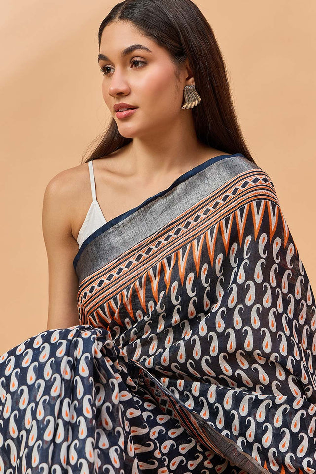 Blue Silk Blend Woven Saree