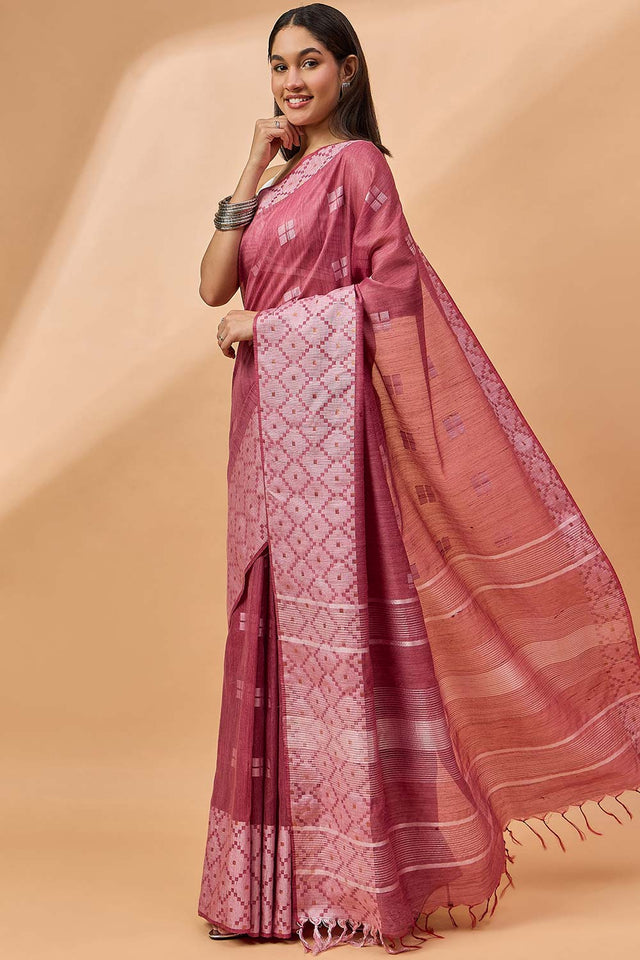 Maroon Silk Blend Woven Saree