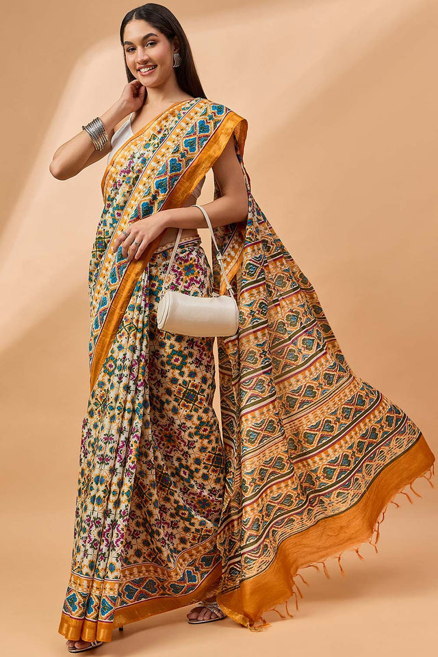 Yellow Silk Blend Woven Saree