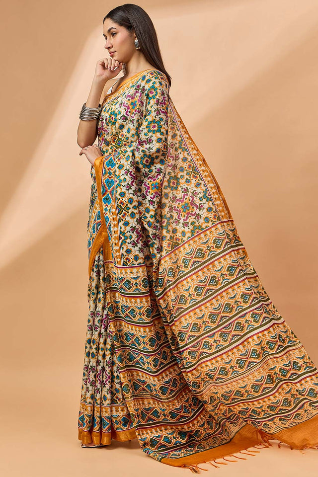 Yellow Silk Blend Woven Saree