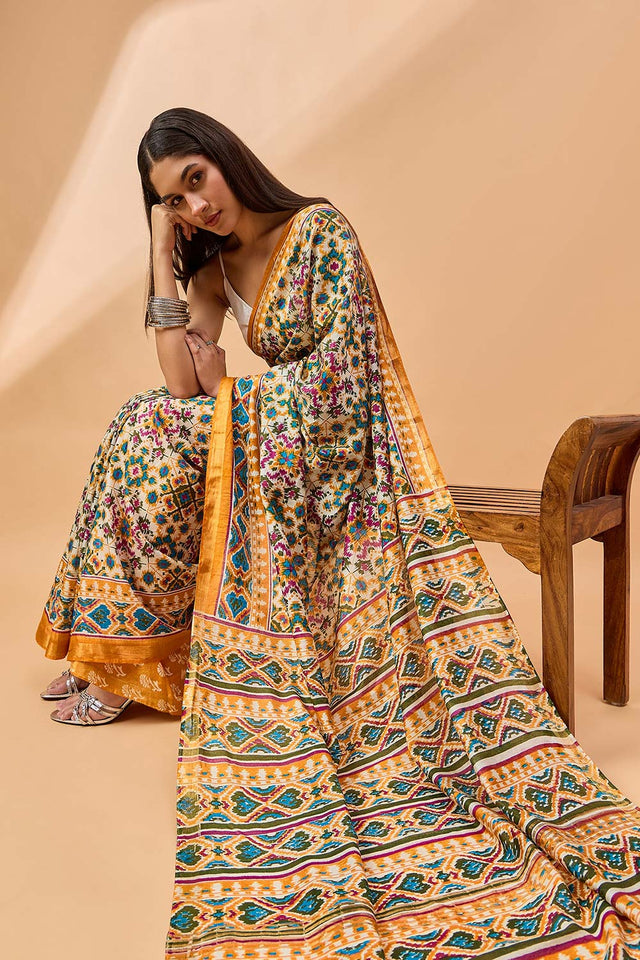 Yellow Silk Blend Woven Saree