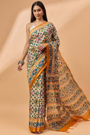 Yellow Silk Blend Woven Saree