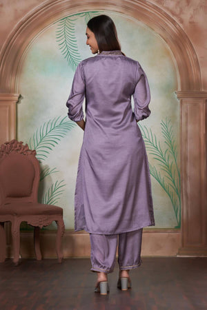 Violet Printed Silk Kurti Pant Set