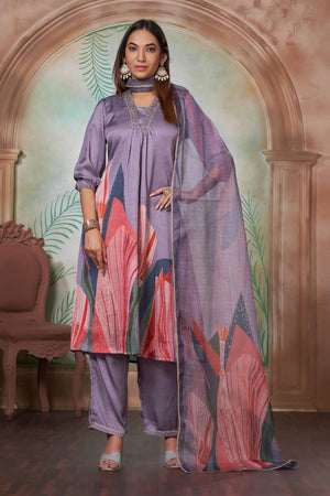 Violet Printed Silk Kurti Pant Set