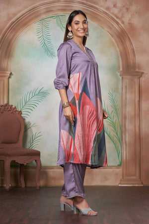 Violet Printed Silk Kurti Pant Set