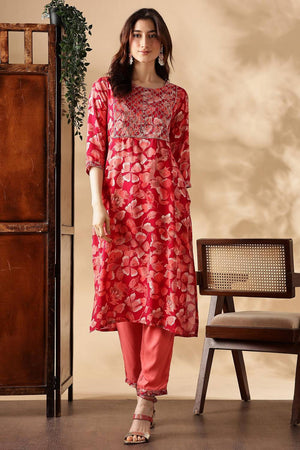 Pink  Floral Printed Silk Kurti Pant Set
