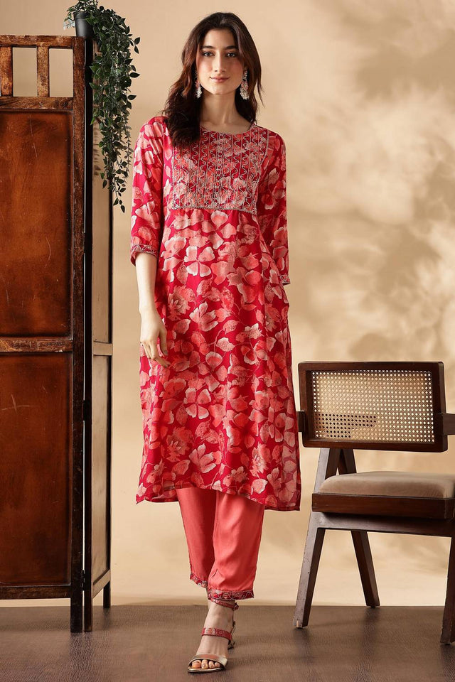 Pink  Floral Printed Silk Kurti Pant Set