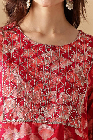 Pink  Floral Printed Silk Kurti Pant Set