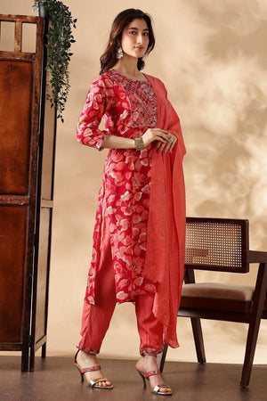 Pink  Floral Printed Silk Kurti Pant Set
