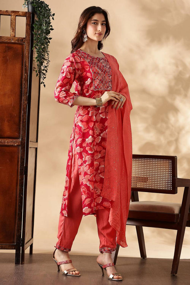 Pink  Floral Printed Silk Kurti Pant Set