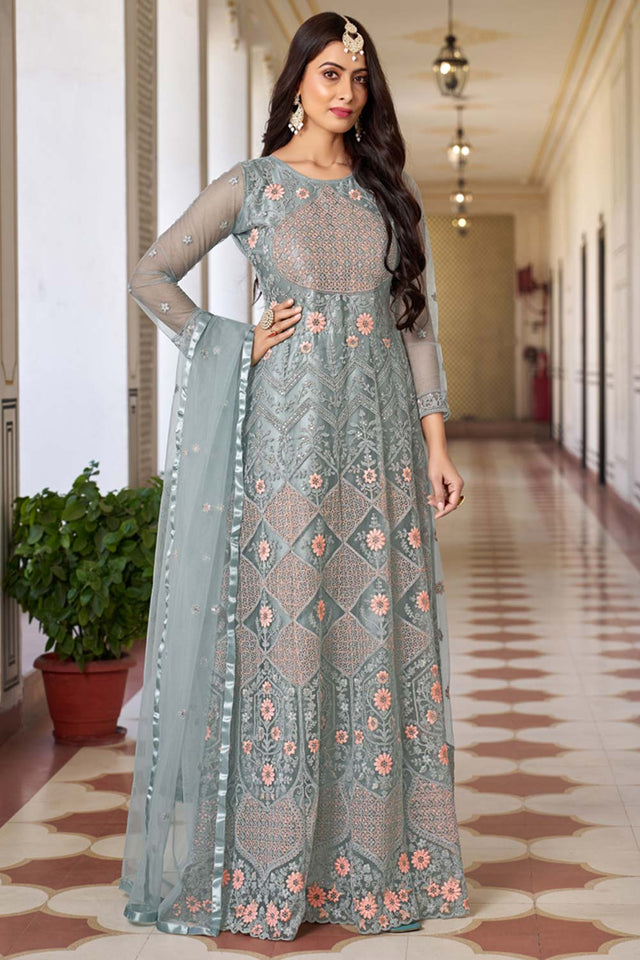 Light Grey Net Embroidered Round Neck Anarkali Suit (SIMRAN-1026-A)