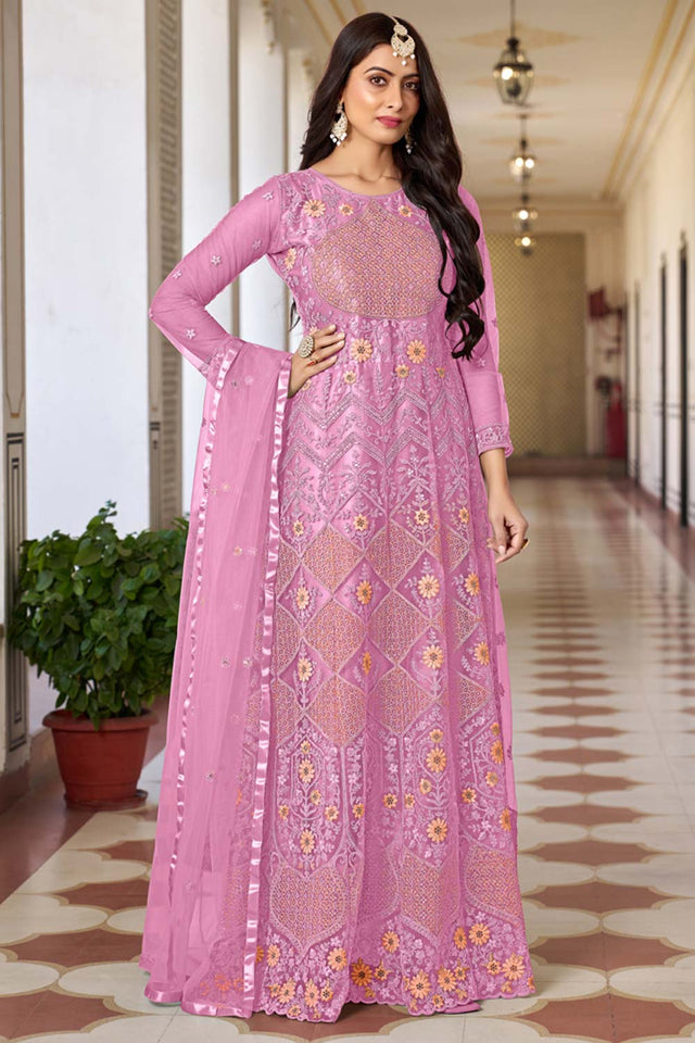 Pink Net Embroidered Round Neck Anarkali Suit (SIMRAN-1026-C)