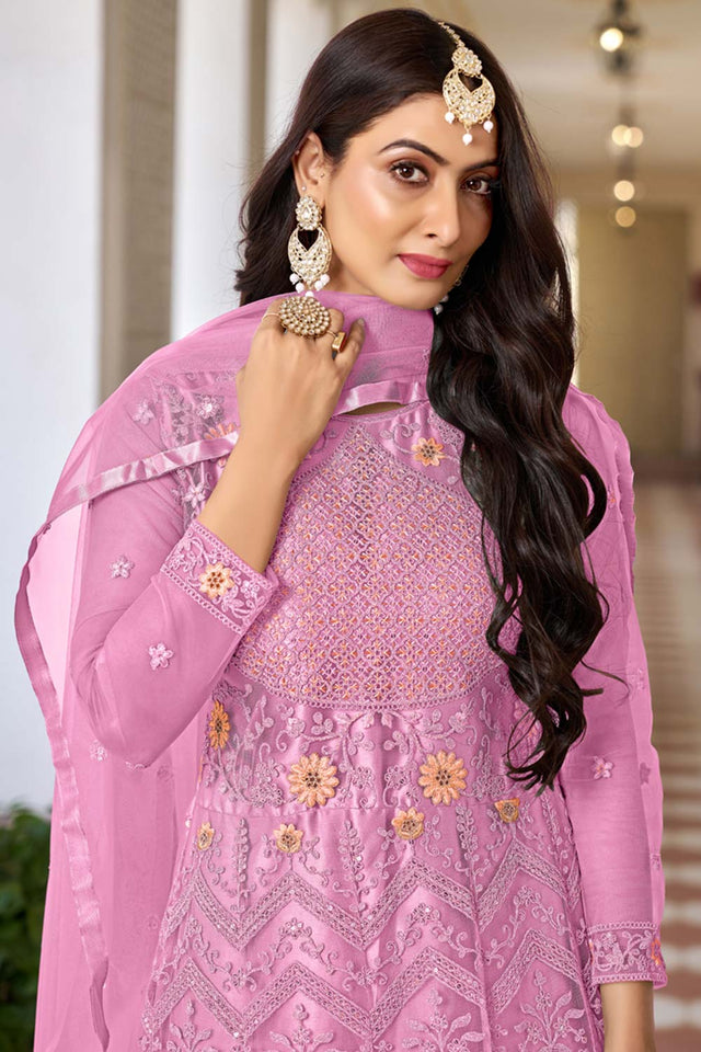 Pink Net Embroidered Round Neck Anarkali Suit (SIMRAN-1026-C)