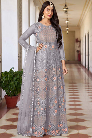 Grey Net Embroidered Round Neck Anarkali Suit (SIMRAN-1026-D)