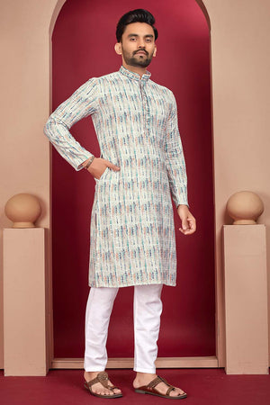 Multi-Color Geometric Chickankari Rayon Men's Kurta Set