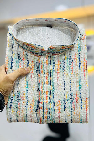 Multi-Color Geometric Chickankari Rayon Men's Kurta Set