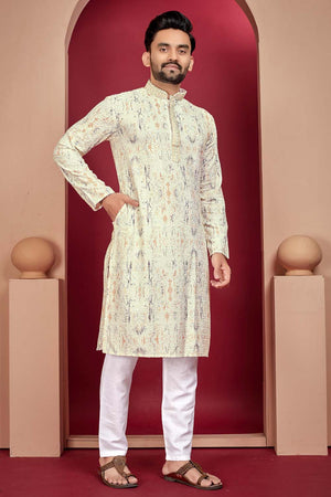 Cream Geometric Chickankari Rayon Men's Kurta Set