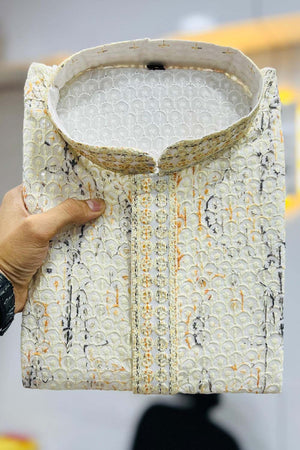 Cream Geometric Chickankari Rayon Men's Kurta Set