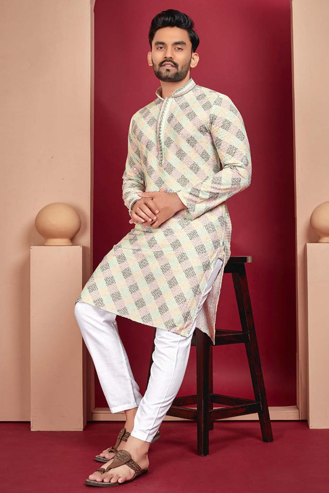 Multi-Color Geometric Chickankari Rayon Men's Kurta Set