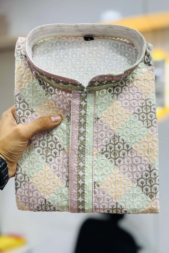 Multi-Color Geometric Chickankari Rayon Men's Kurta Set