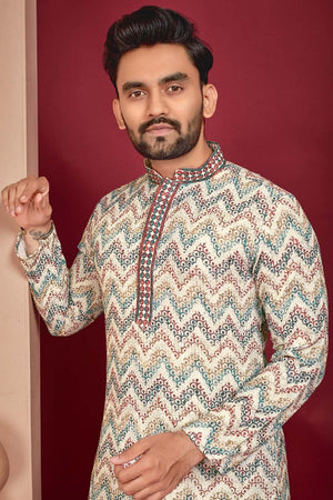 Multi-Color Geometric Chickankari Rayon Men's Kurta Set