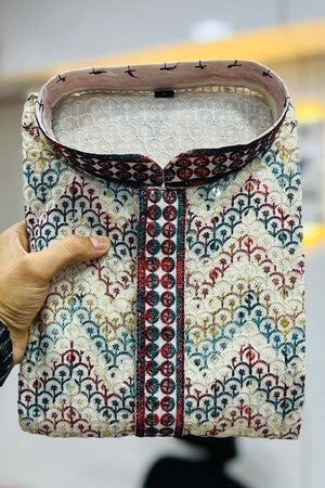 Multi-Color Geometric Chickankari Rayon Men's Kurta Set