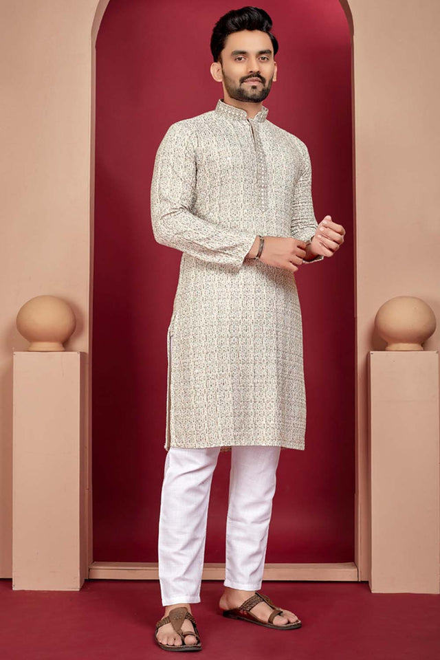 Multi-Color Geometric Chickankari Rayon Men's Kurta Set