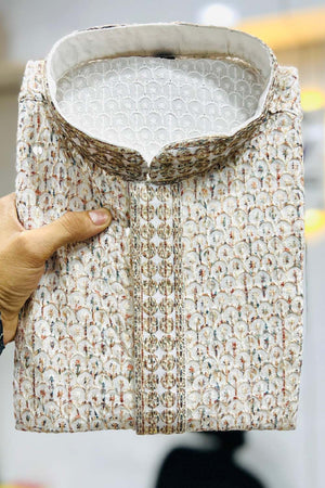 Multi-Color Geometric Chickankari Rayon Men's Kurta Set