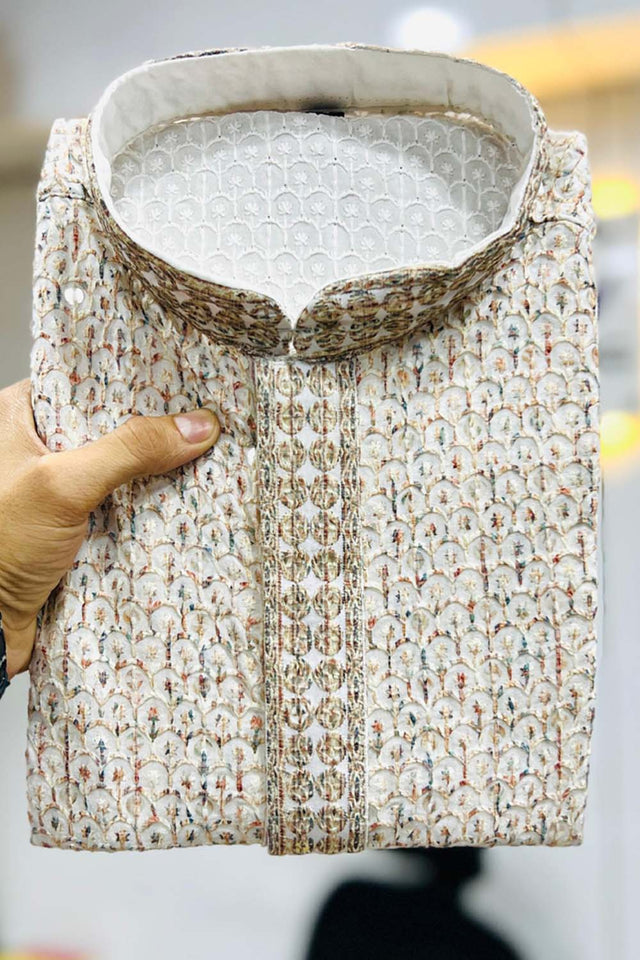 Multi-Color Geometric Chickankari Rayon Men's Kurta Set