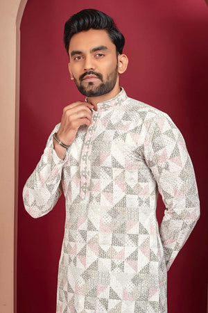 White Geometric Chickankari Rayon Men's Kurta Set
