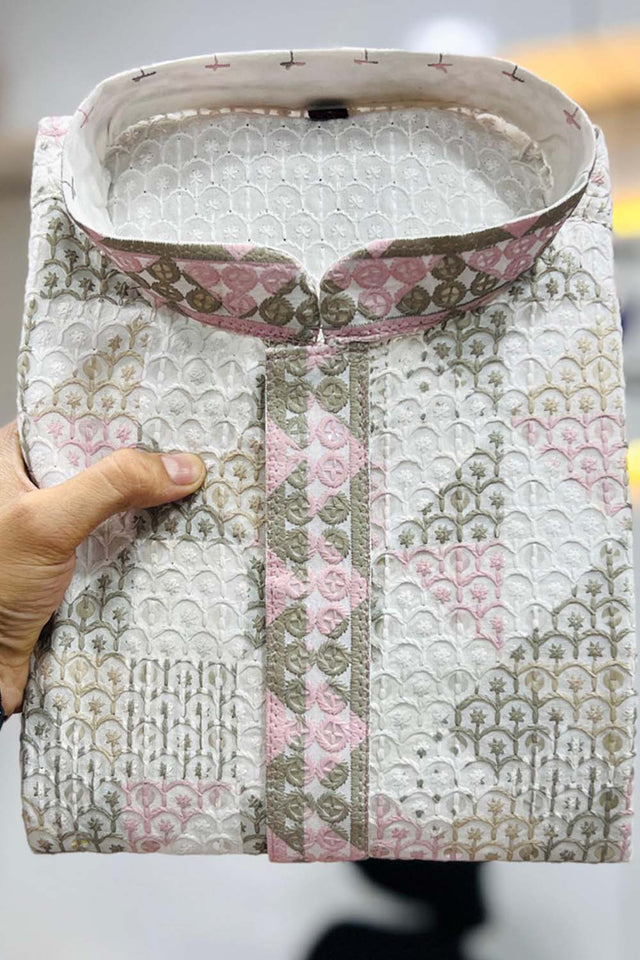 White Geometric Chickankari Rayon Men's Kurta Set
