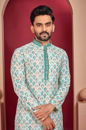 Multi-Color Geometric Chickankari Rayon Men's Kurta Set