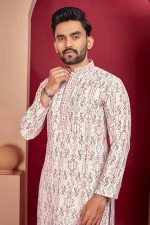 Red Geometric Chickankari Rayon Men's Kurta Set