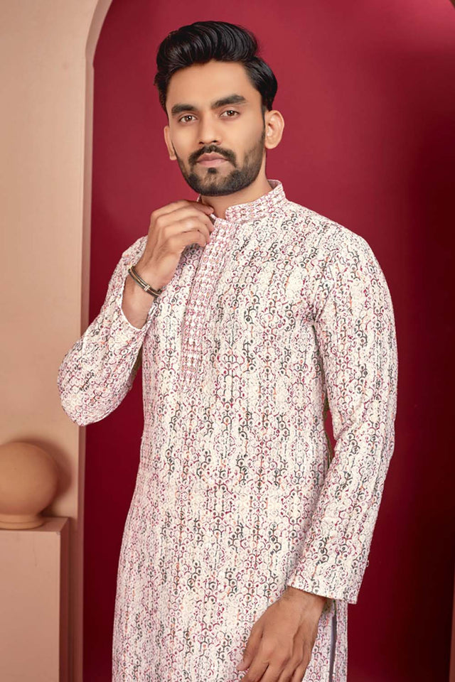 Red Geometric Chickankari Rayon Men's Kurta Set