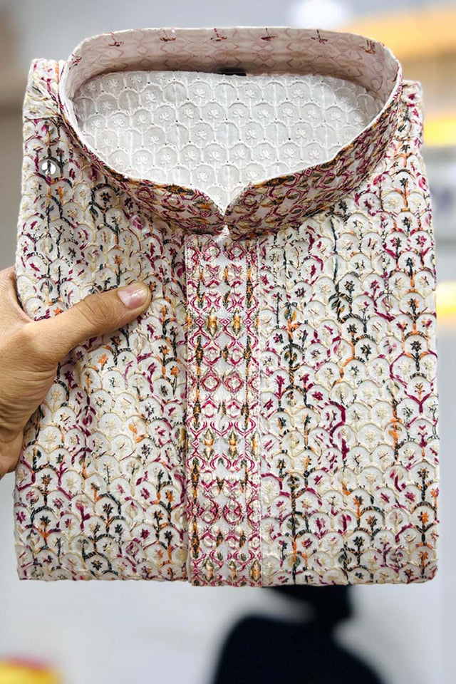 Red Geometric Chickankari Rayon Men's Kurta Set