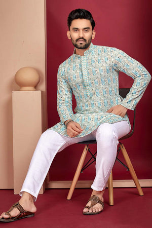 Multi-Color Geometric Chickankari Rayon Men's Kurta Set