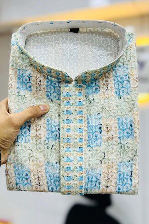 Multi-Color Geometric Chickankari Rayon Men's Kurta Set