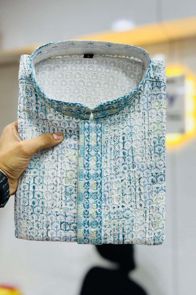 Blue Geometric Chickankari Rayon Men's Kurta Set