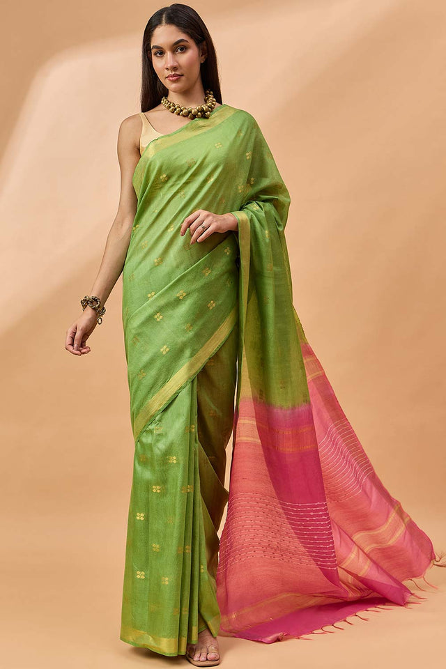 Green Silk Blend Woven Saree