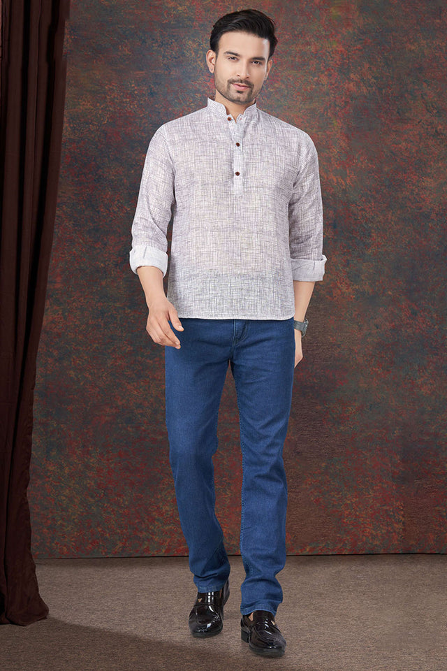 White Solid Linen Short Kurta