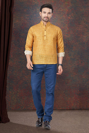 Yellow Solid Linen Short Kurta