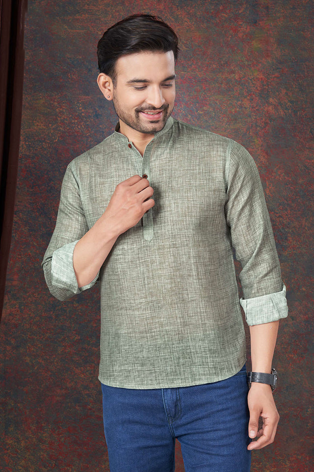 Green Solid Linen Short Kurta