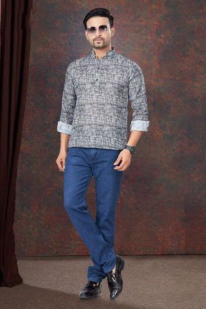 Grey Solid Linen Short Kurta